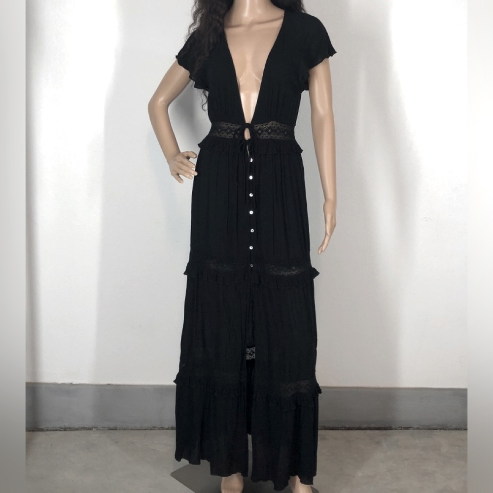 COTTON CANDY black deep v neck tiered maxi dress